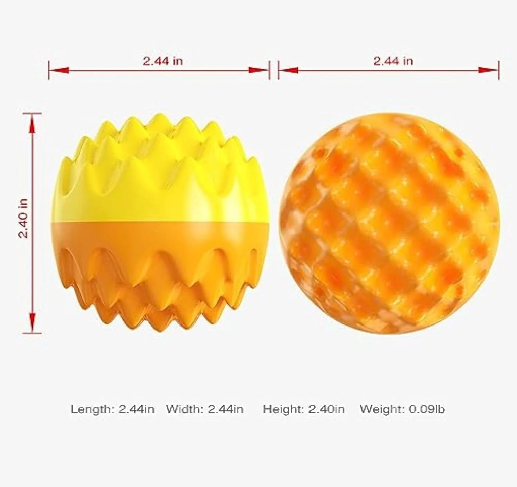 Blue or orange squeaky dog ball toy with spiky texture for dental cleaning and mental enrichment