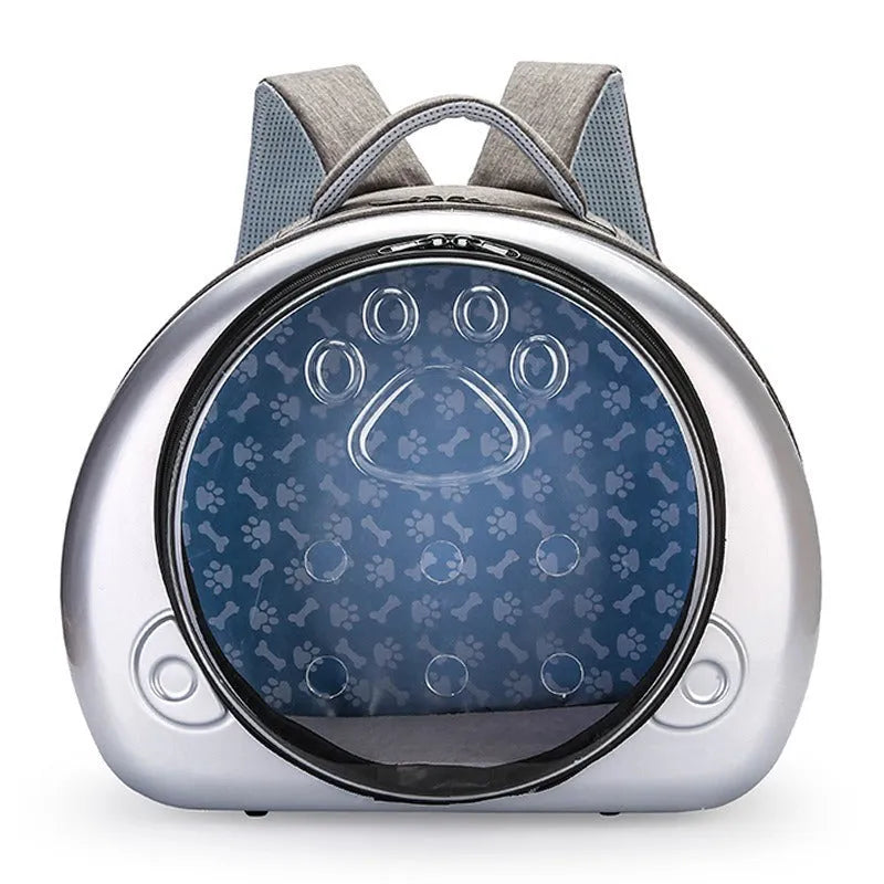 Transparent space capsule cat carrier bag with a metallic hard shell front cover