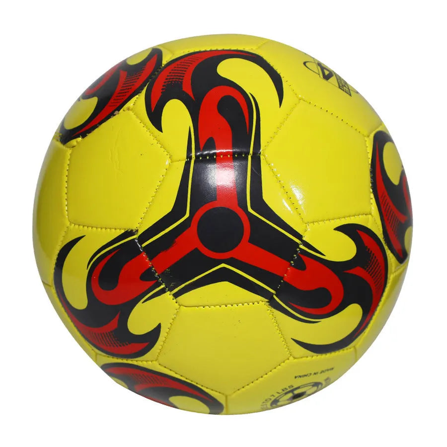 Machine-sewn PVC football in sizes 3, 4, and 5 shown in various colour patterns including red dragon roll and tornado blue.