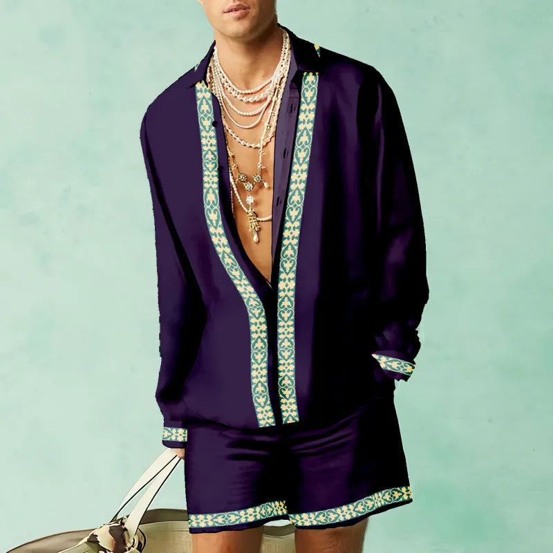 Men's slim fit summer shirt and shorts set in coordinating colours on hanger