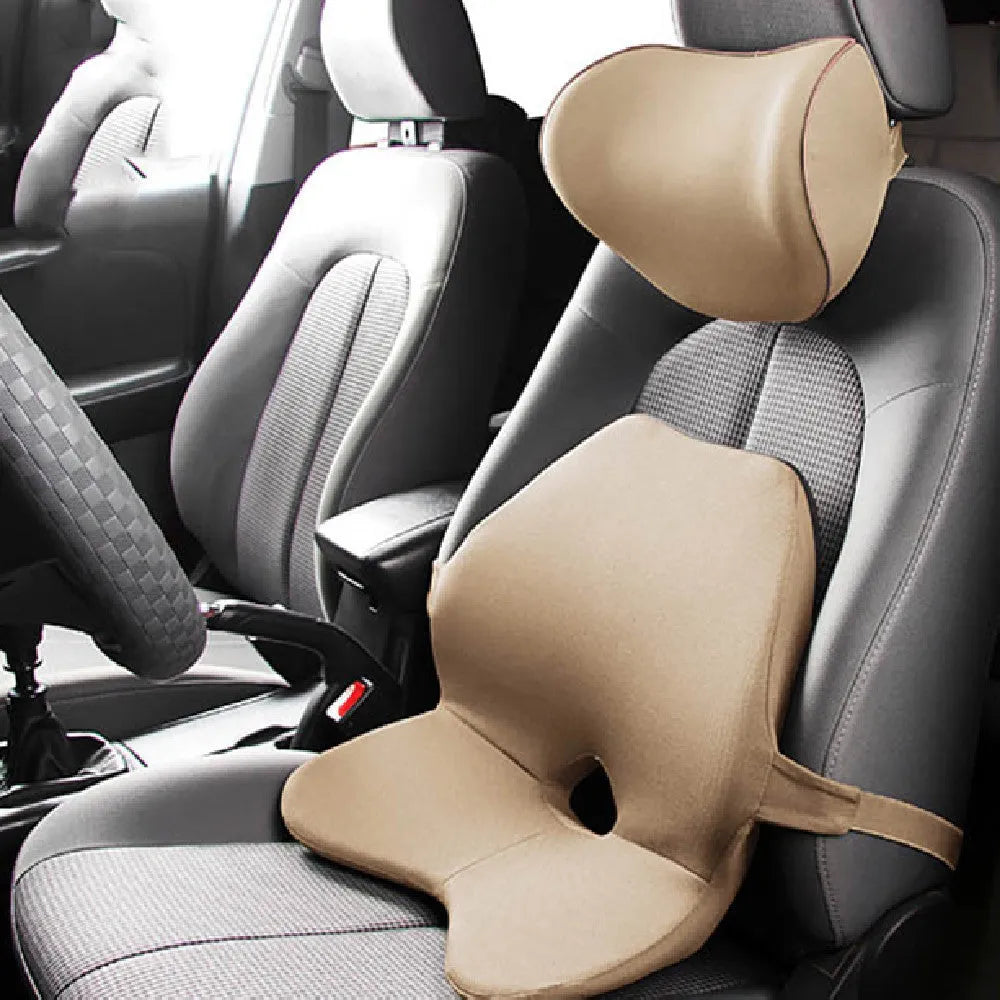 Car seat lumbar support waist pad with memory cotton, shown in beige colour.