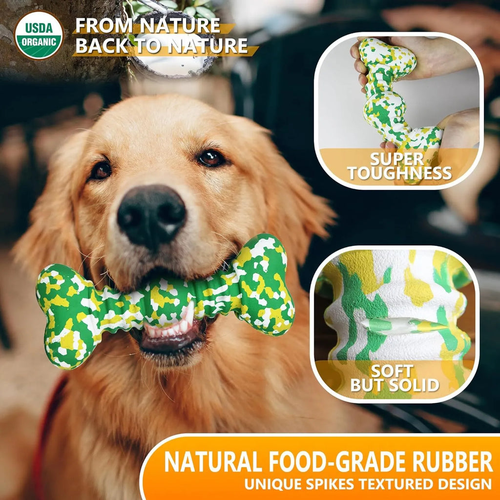 Green, white, and yellow camouflage pattern natural rubber bone chew toy for large breed dogs on a plain background.