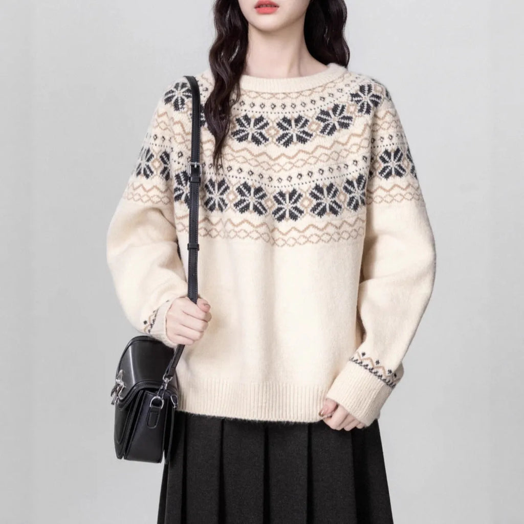Women's milky white vintage Fair Isle geometric pattern crew neck pullover sweater with long sleeves