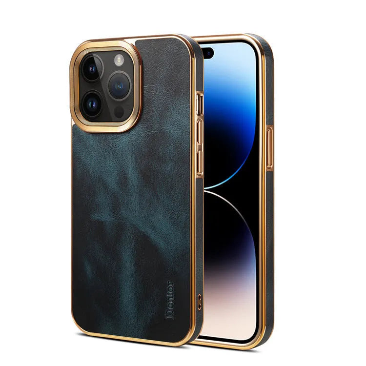 Handmade leather iPhone case in vintage oil wax leather showing slim profile and protective design