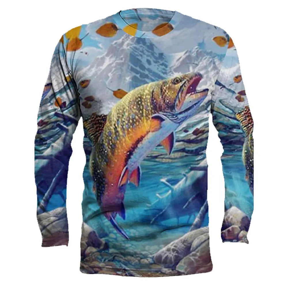 Men's long-sleeved pullover top with a fish pattern print in Milk Silk fabric.