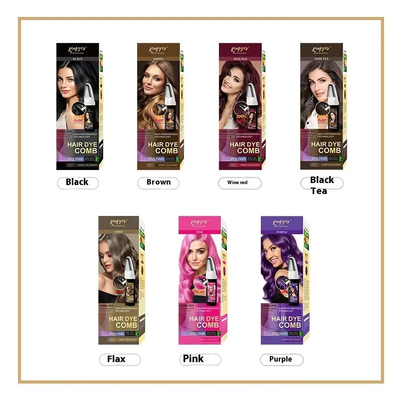 Hair dye bottle with application comb in wine red, dark brown and brown colour options