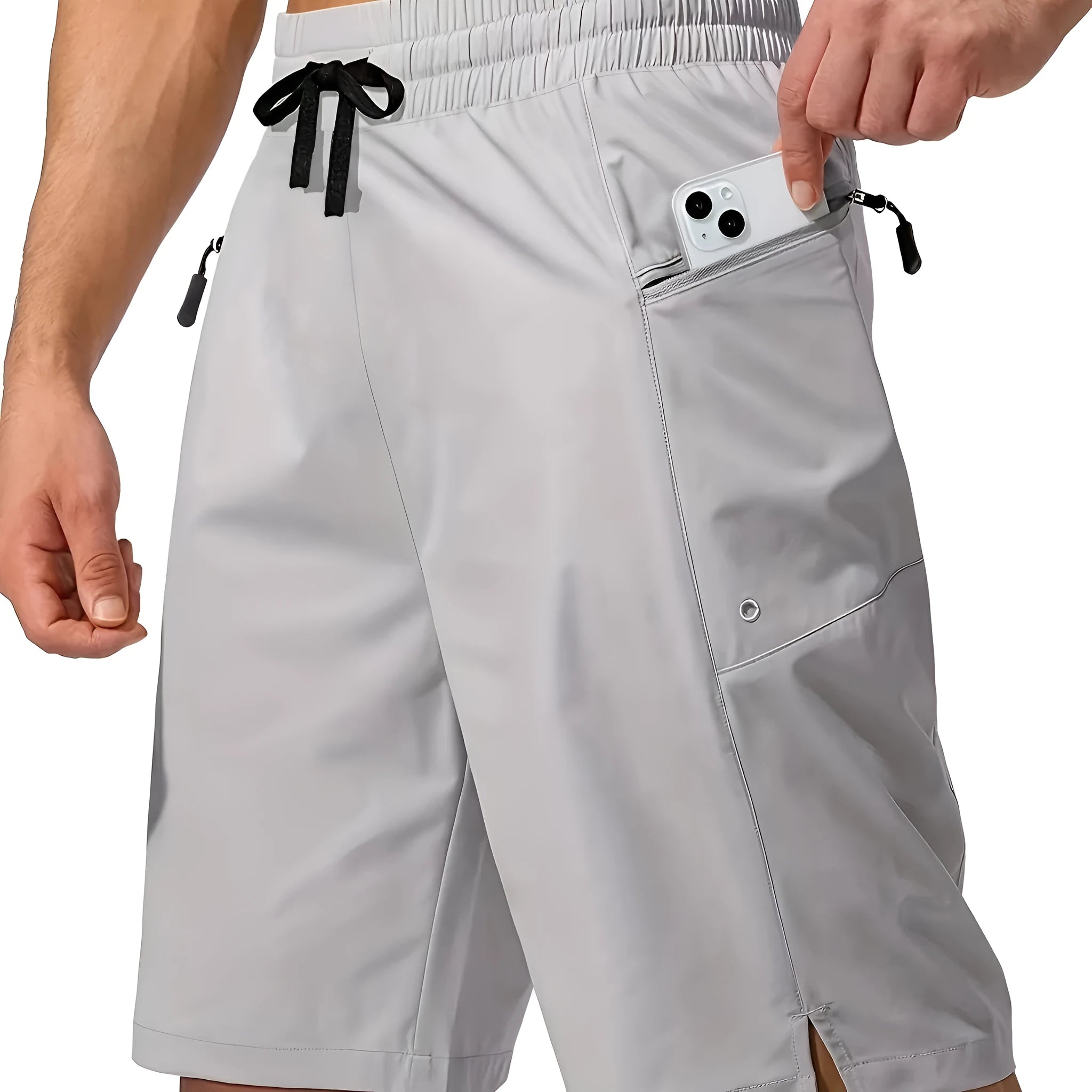 Man wearing solid grey quick-drying polyester beach shorts with a straight leg design.