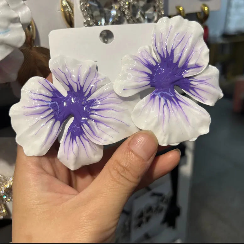 Pastoral style alloy flower stud earrings with oil-spot glaze finish in blue, green, purple, or rose colours