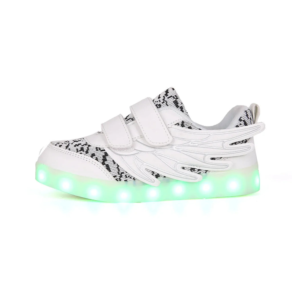 Children's plum red and white LED light-up sneakers with USB charging port and mode switch.