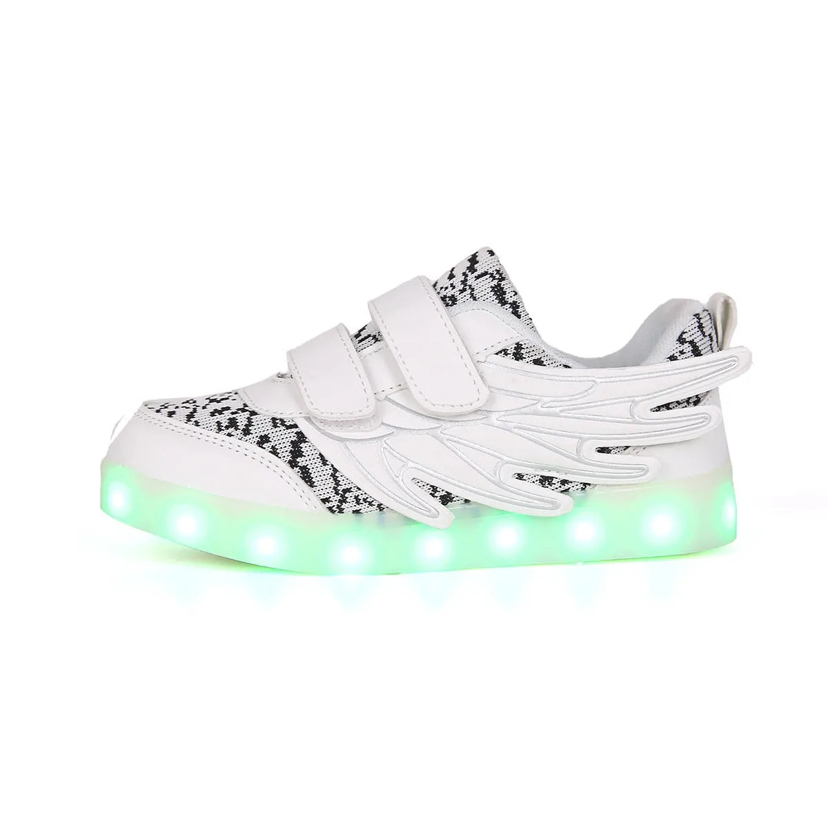 Children's plum red and white LED light-up sneakers with USB charging port and mode switch.