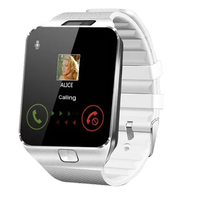 White smart watch with a 1.44-inch screen and wrist strap on a grey background.