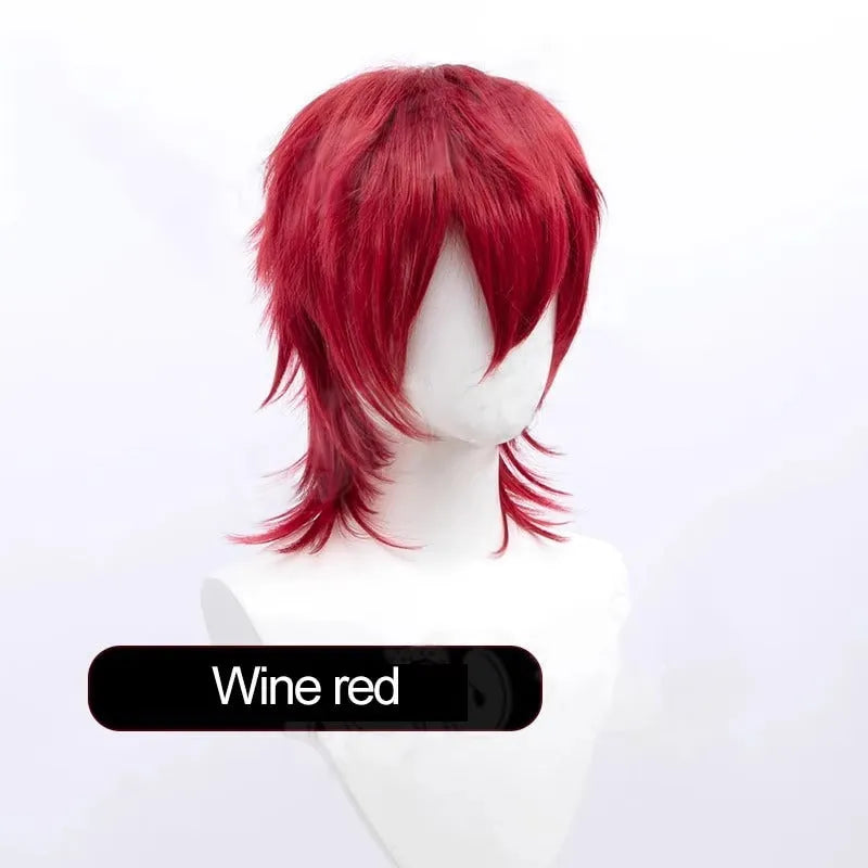 A short-style anime cosplay wig for men in a selected colour, showing its lengthened hair tail.
