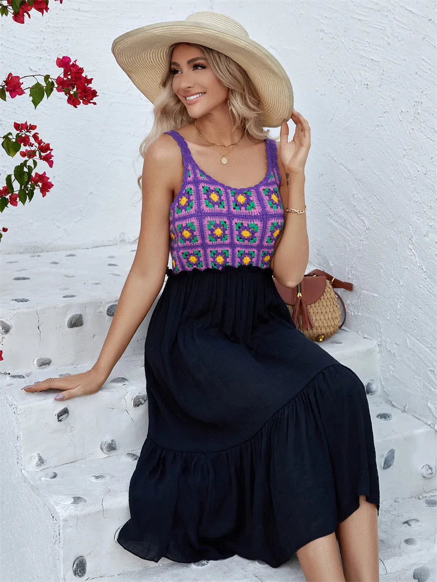 Purple sleeveless dress with hand-hook flower stitching on the fabric, shown as a free-size acrylic skirt.