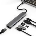 Black USB-C 7-in-1 computer hub with HDMI, USB ports and memory card slots