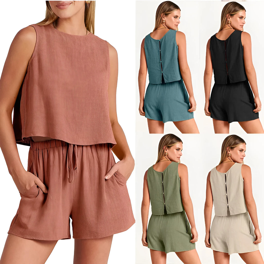 Women's summer two-piece set with sleeveless top and drawstring shorts in five colour options
