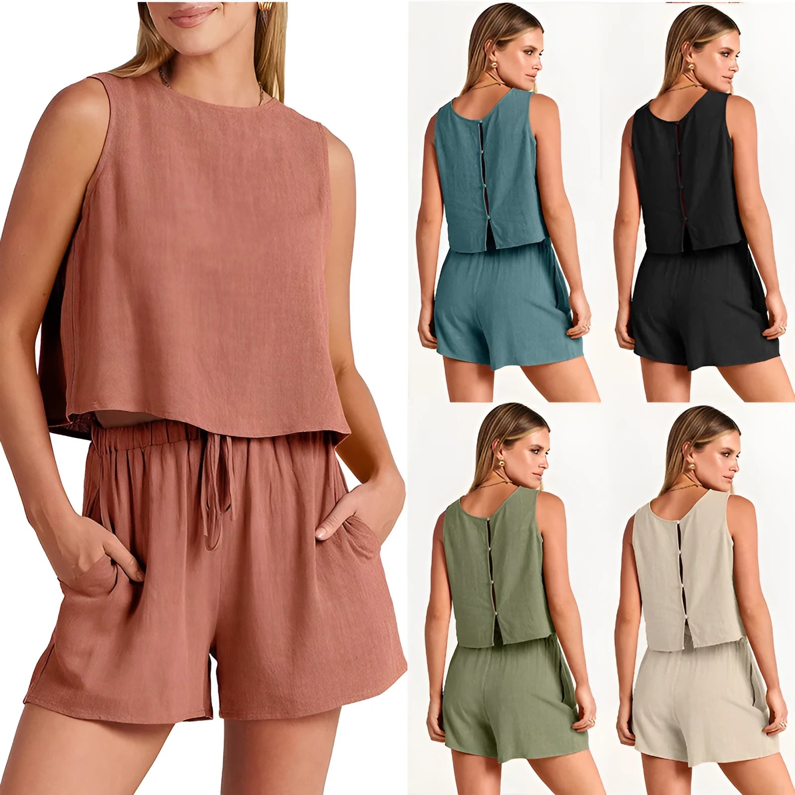 Women's summer two-piece set with sleeveless top and drawstring shorts in five colour options