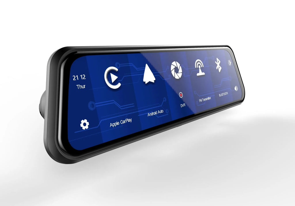 Dual-lens driving recorder with 9.66-inch touchscreen installed at rearview mirror position