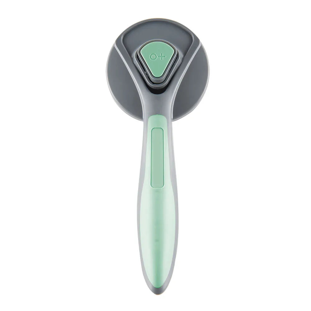 Grey green pink self-cleaning pet grooming brush with one-click button and comfort-grip handle
