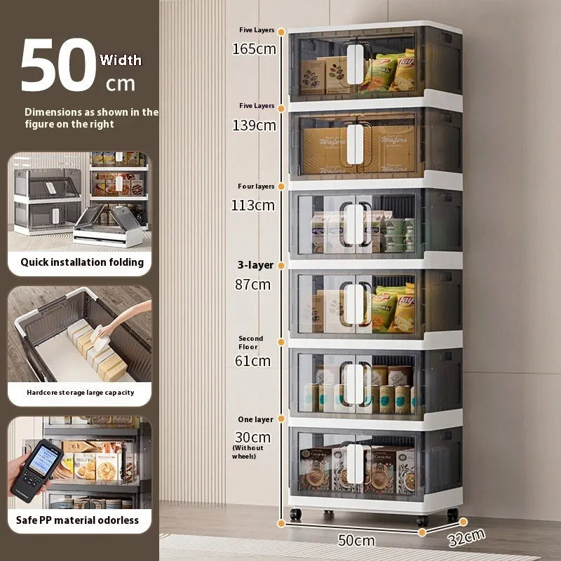 Foldable PP plastic storage locker with wheels available in white or gray with multiple layer options for shoes and toys