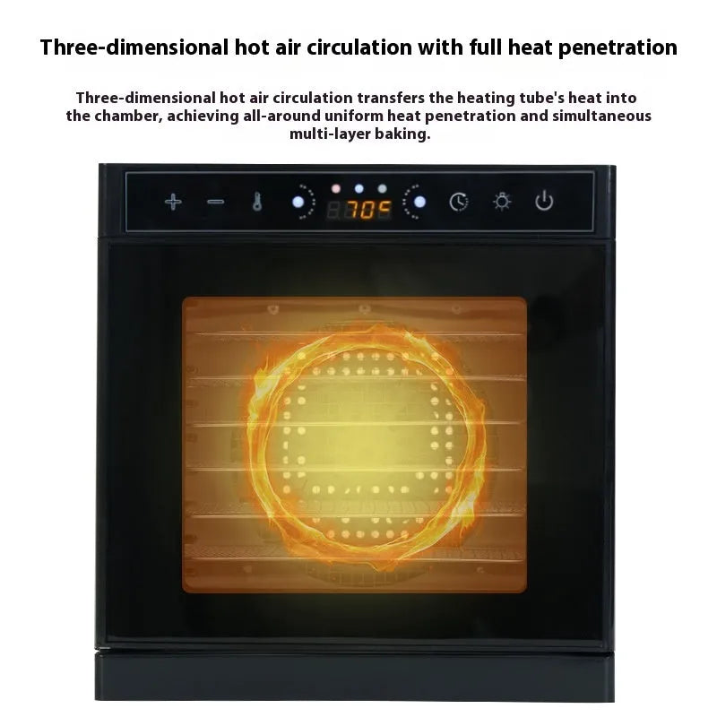 Stainless steel fruit dehydrator with LED control panel showing temperature settings and multiple drying trays