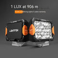 A pair of black aluminium LED front bumper lights for off-road vehicle retrofit.