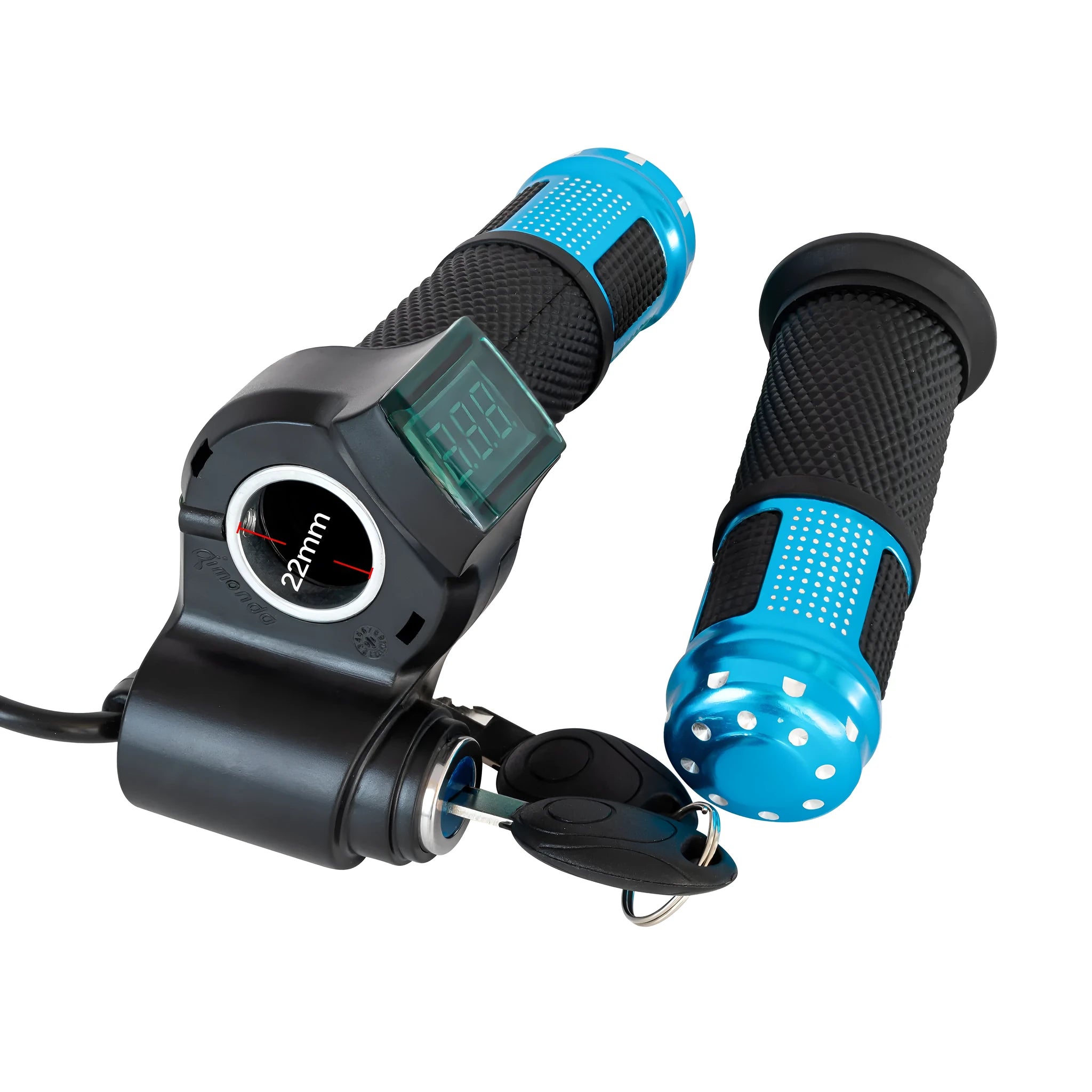 Electric vehicle handlebar throttle grip in blue red silver yellow colours with 5-core wiring visible