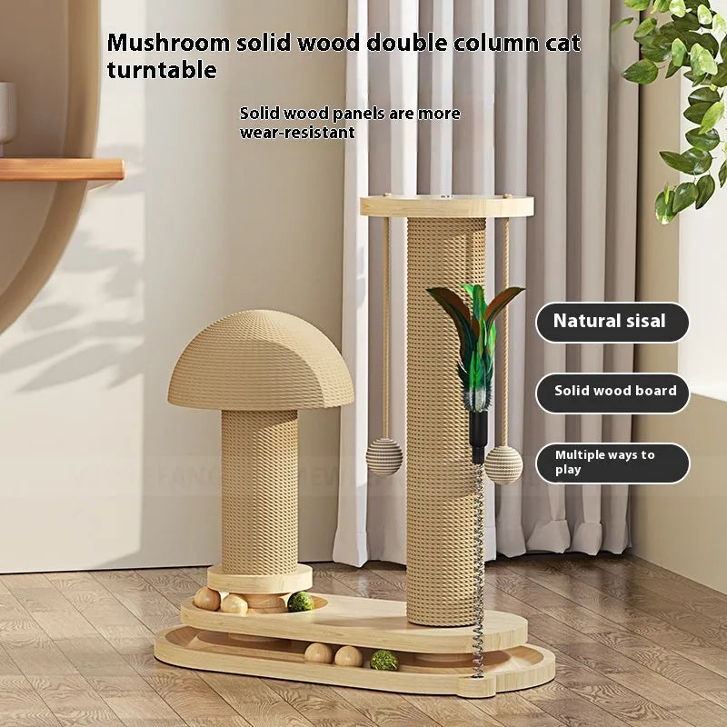 Solid wood cat turntable scratching post with oval mushroom design and natural finish for indoor climbing