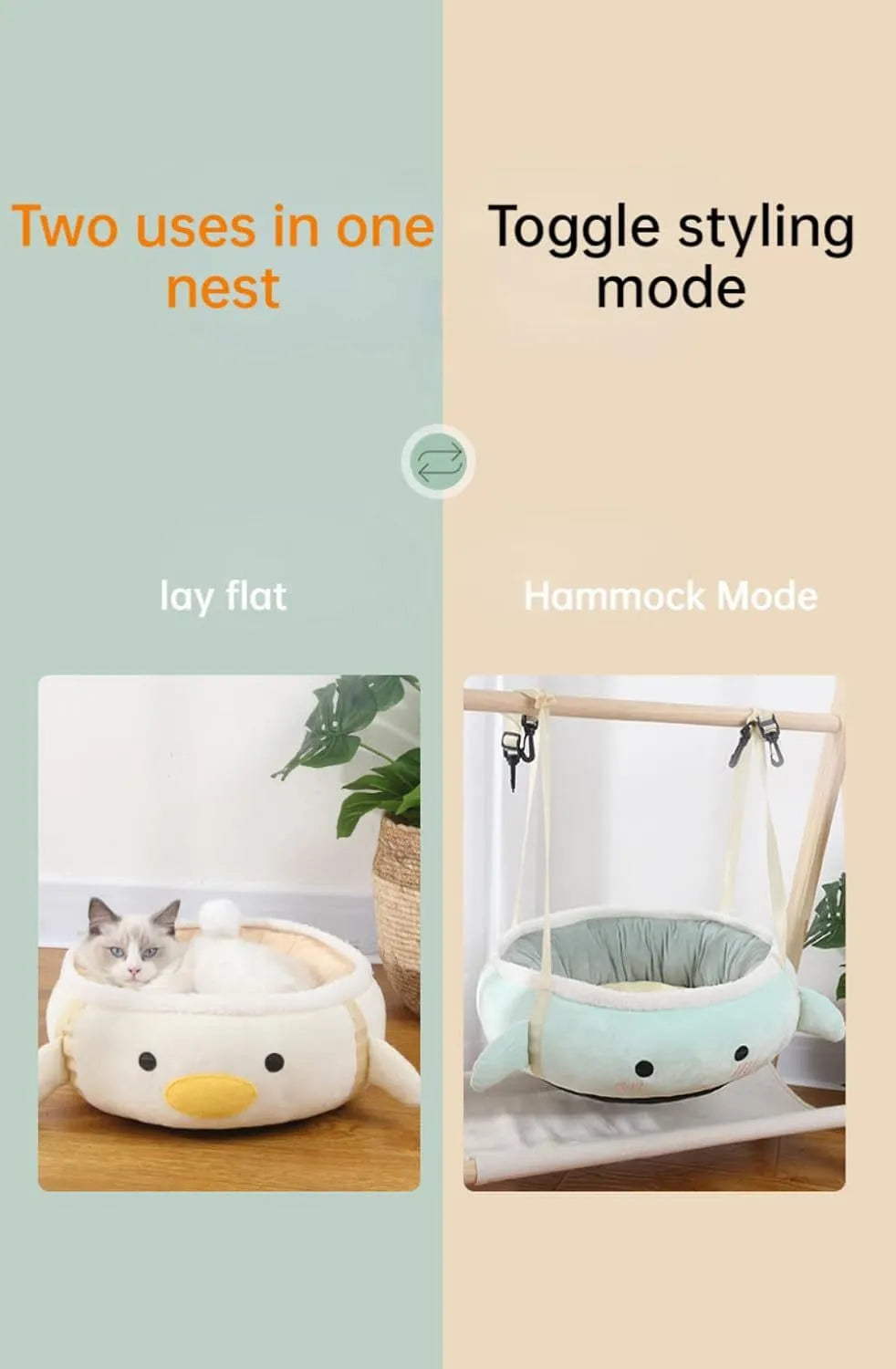 Green dinosaur-shaped cat bed with hanging straps that can be used flat or as a hammock