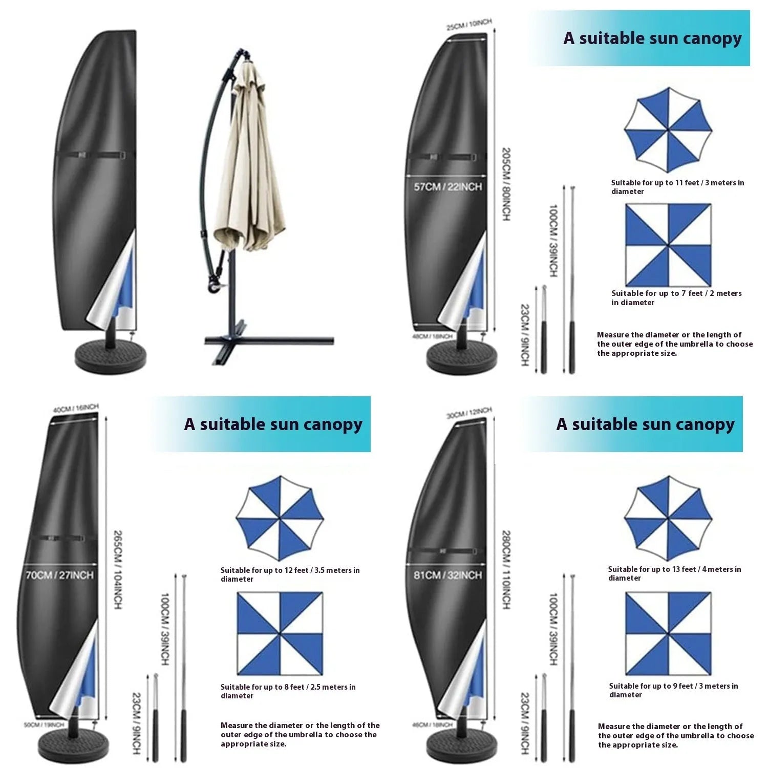 Black oxford cloth waterproof cover for a garden banana umbrella on a patio table