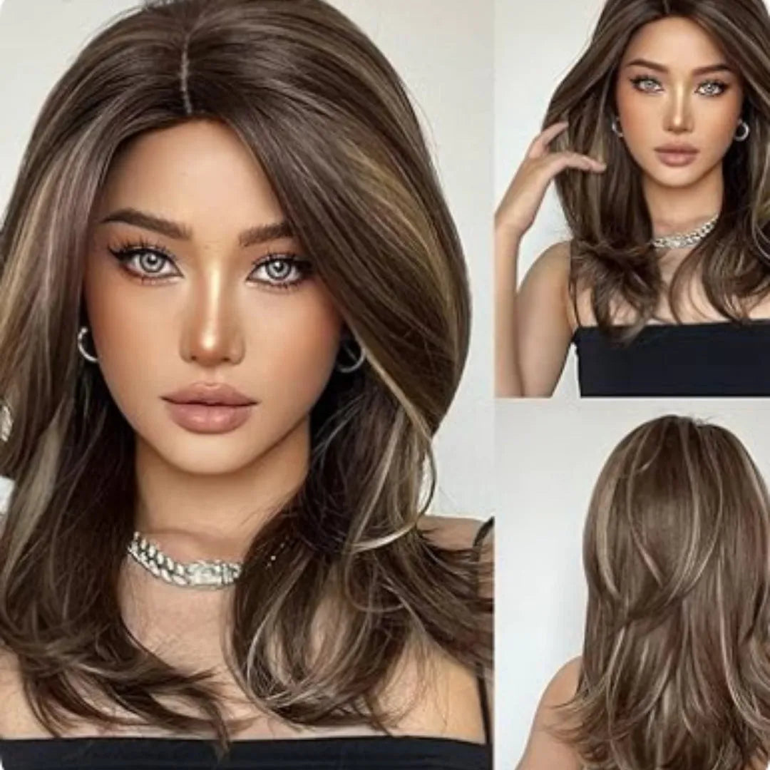Mid-length platinum gradient colour wig with long curly hairstyle and bangs