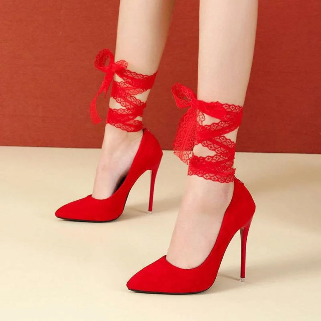 Women's black pointed toe platform high heels with a lace ankle strap and a thin shallow mouth design.
