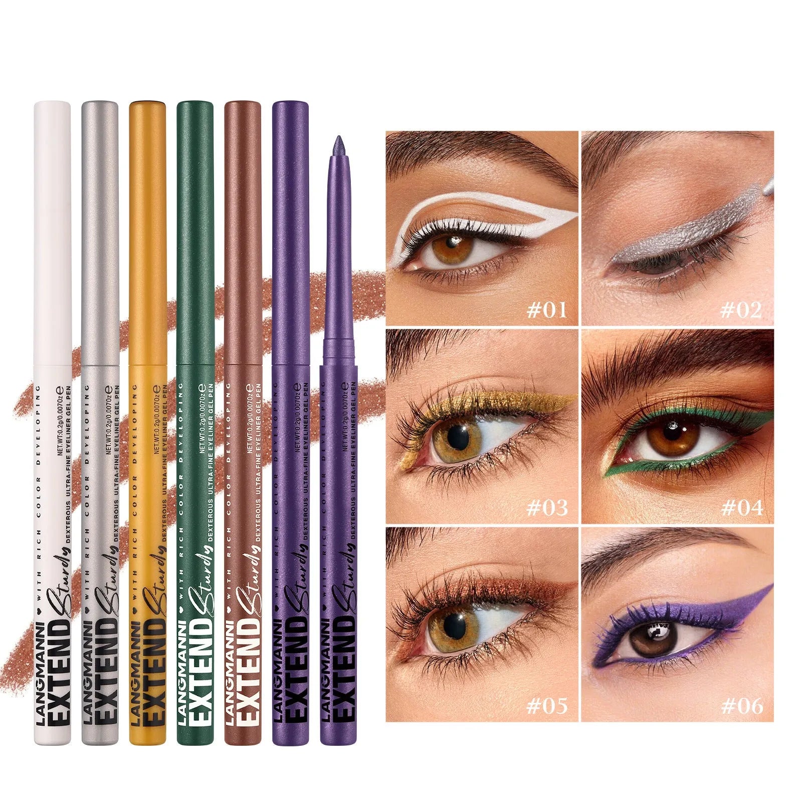 Set of 12 colourful gel glitter eyeliner pencils arranged showing metallic, matte, and glitter finishes.