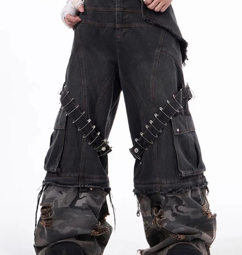 Men's grey camouflage jeans with pin and ribbon details on cotton denim.