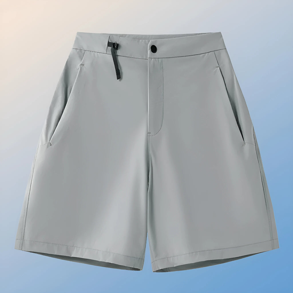 Men's quick-drying nylon spandex sports shorts in khaki colour with elastic waist and 3D cut design.