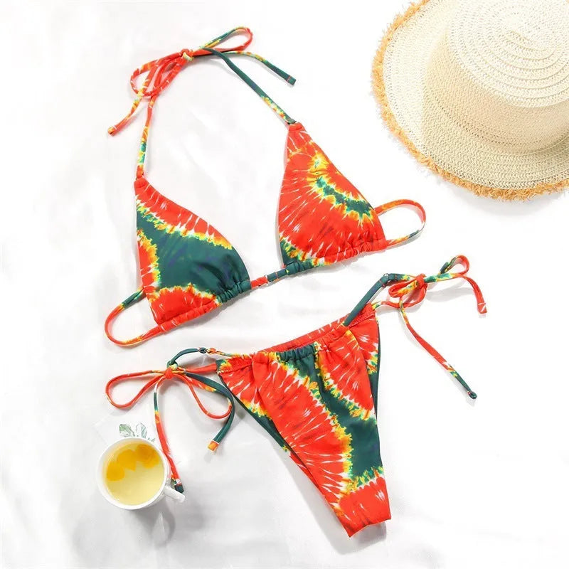 Women's polka dot print split swimsuit bikini with triangle bottom and matching bra