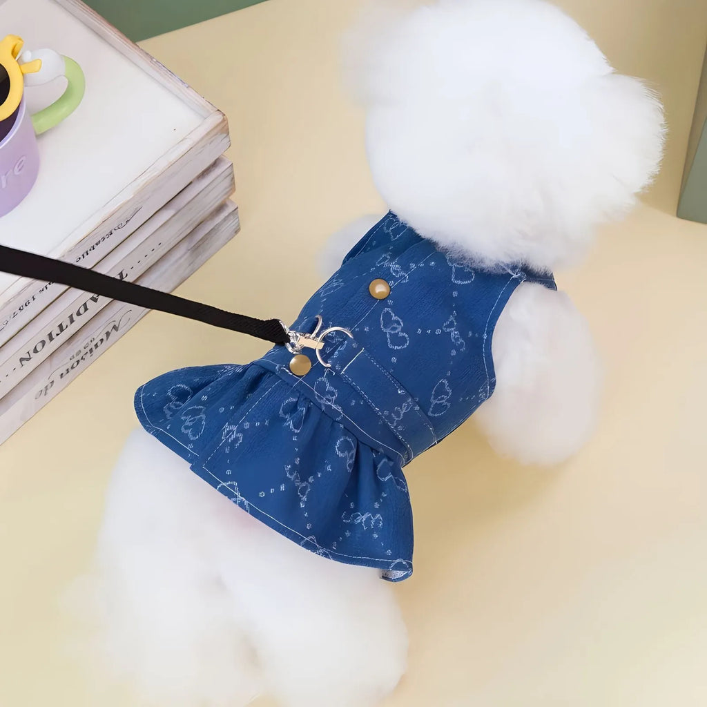 Denim princess dress for small dogs in bracket-skirt style on mannequin
