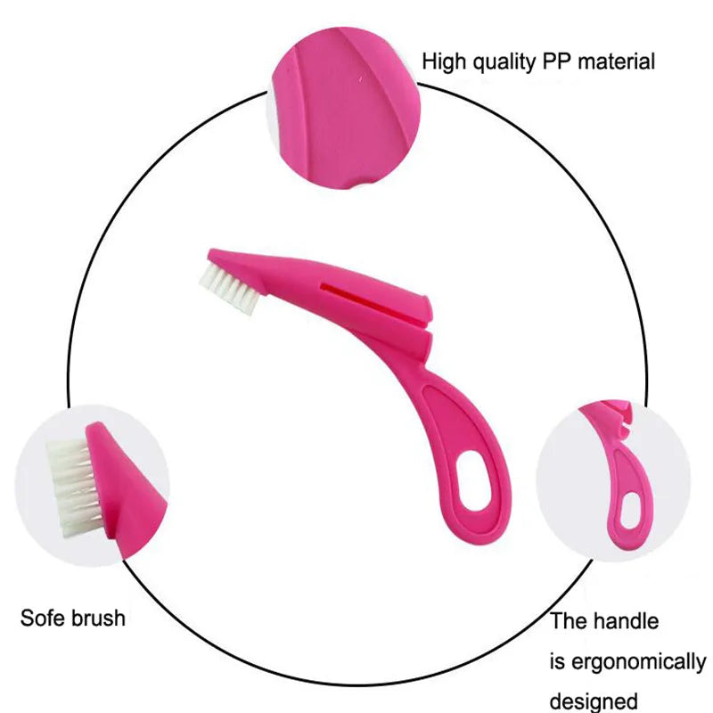 Red and white pet finger toothbrush with soft silicone bristles and a finger sleeve for cleaning dog or cat teeth.