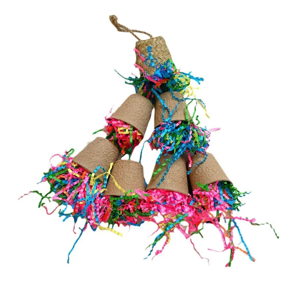 Parrot paper cup palm weaving gnawing toy hanging at 38cm length with wood-coloured weaving texture