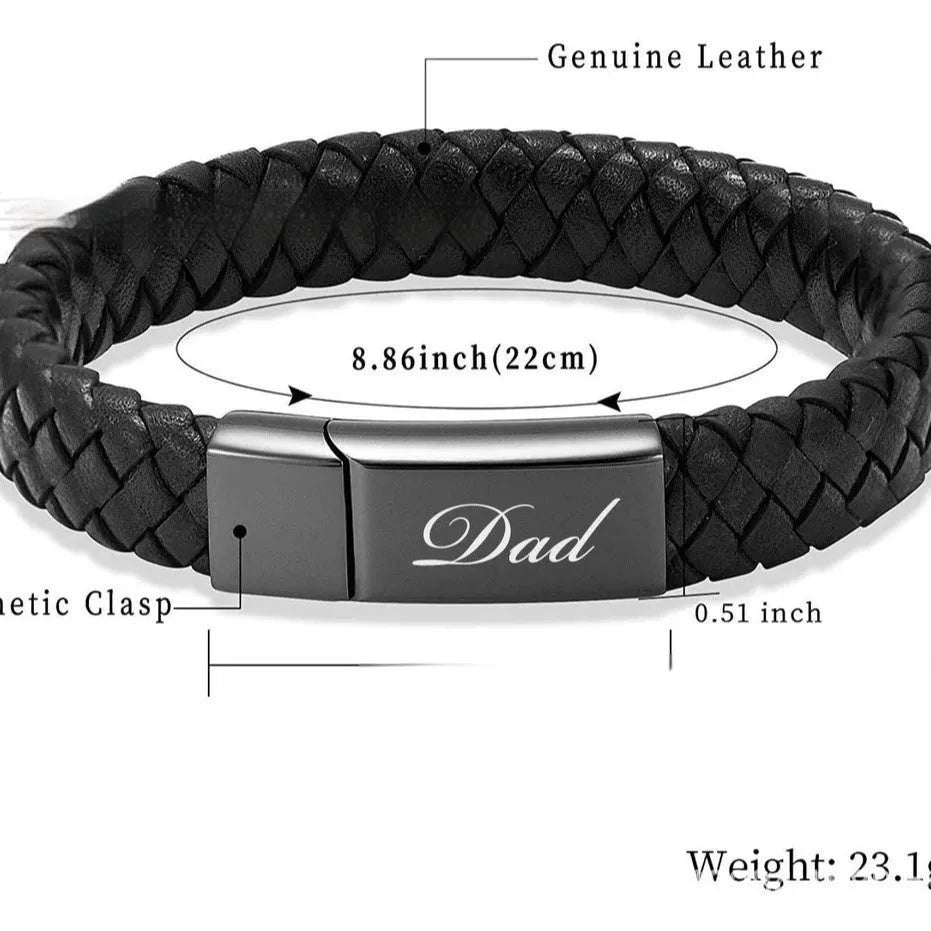 Black woven leather and stainless steel casket bracelet with personalisation for text.