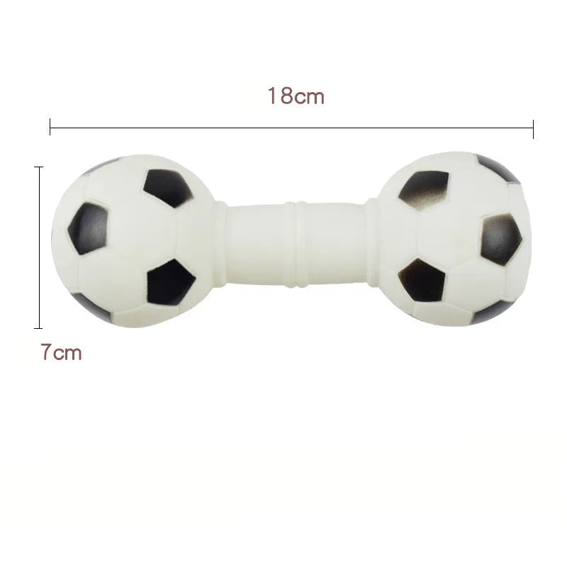 Football dumbbell shaped dog squeaky chew toy in PVC material showing brown, orange, white and yellow colour options