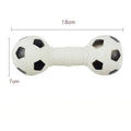 Football dumbbell shaped dog squeaky chew toy in PVC material showing brown, orange, white and yellow colour options