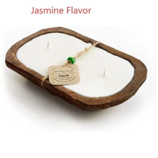 Lavender soy wax candle in wooden basin container with three wicks