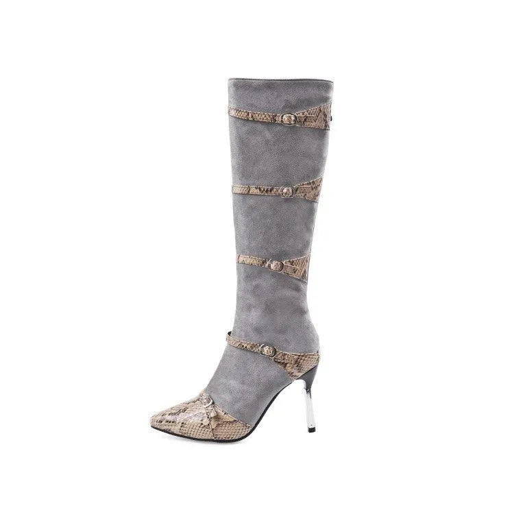 Women's black knee-high boots with high heel and velvet lining