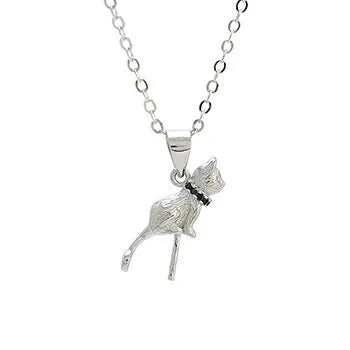 Close-up of a sterling silver cat pendant on a chain, showing the D2113 or D2114 finish variant.