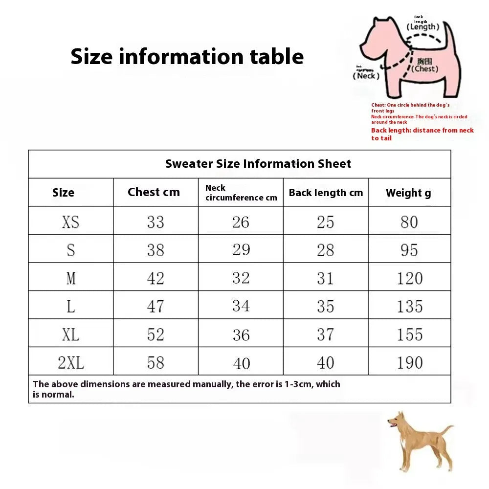 A thick wool dog sweater for winter available in multiple sizes and colours.