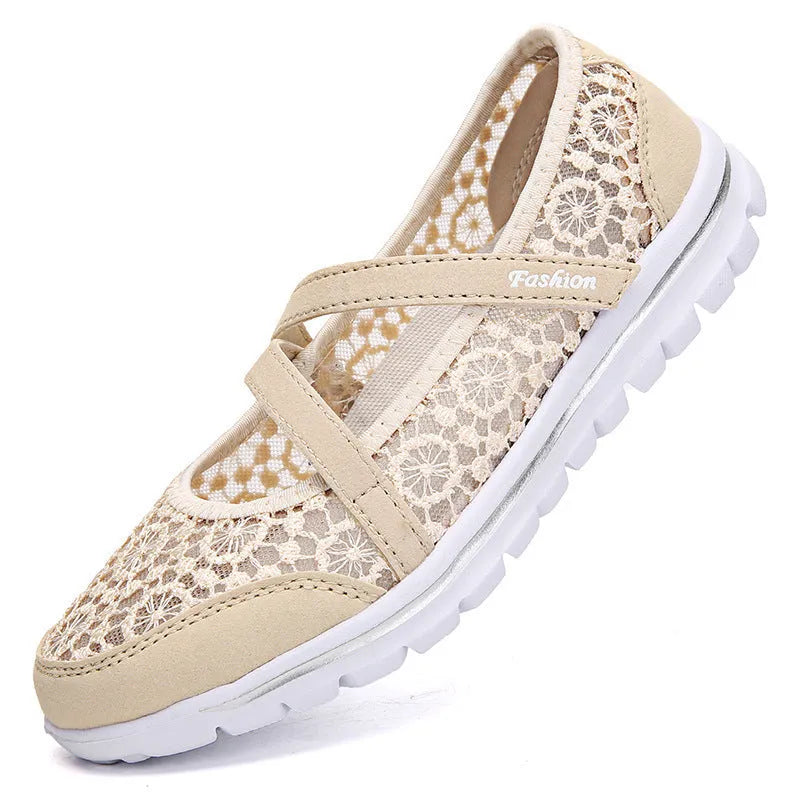 Women's mesh casual shoes in beige colour with round toe and flat heel design