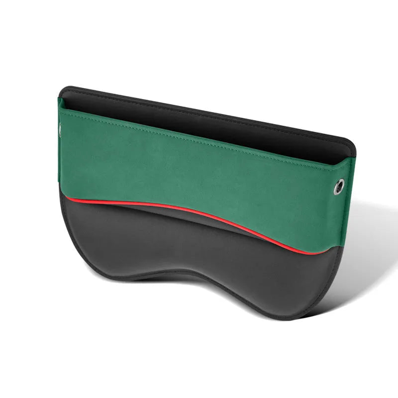 Leather car seat storage box in beige suede colour on a vehicle seat