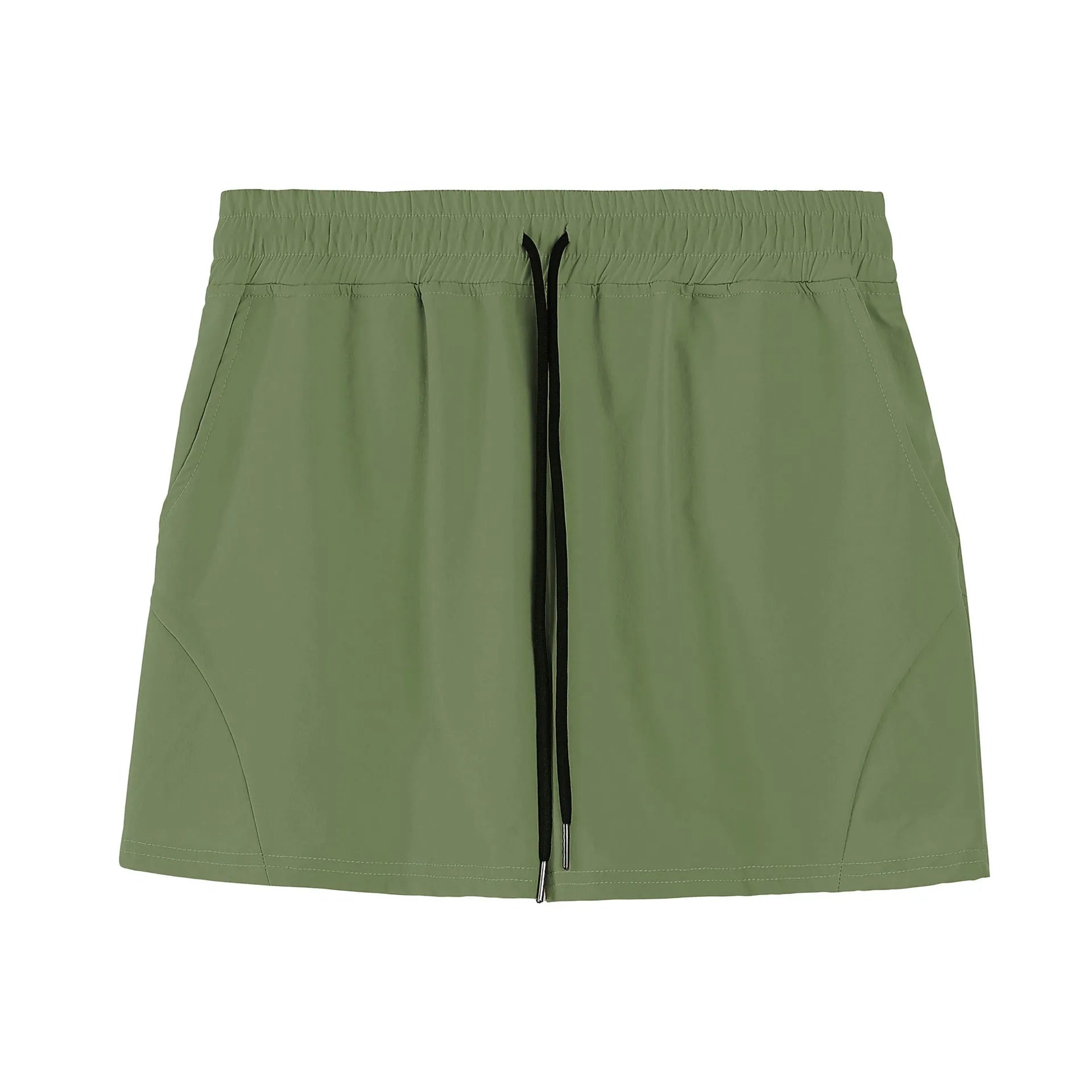Men's thin grey polyester basketball shorts with an elastic waistband, laid flat.