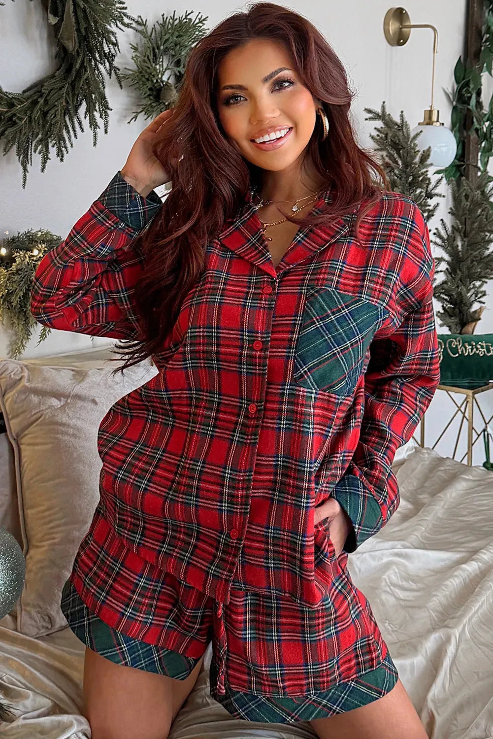 Red plaid Christmas holiday pyjama set with long sleeve shirt and shorts featuring contrast patched design