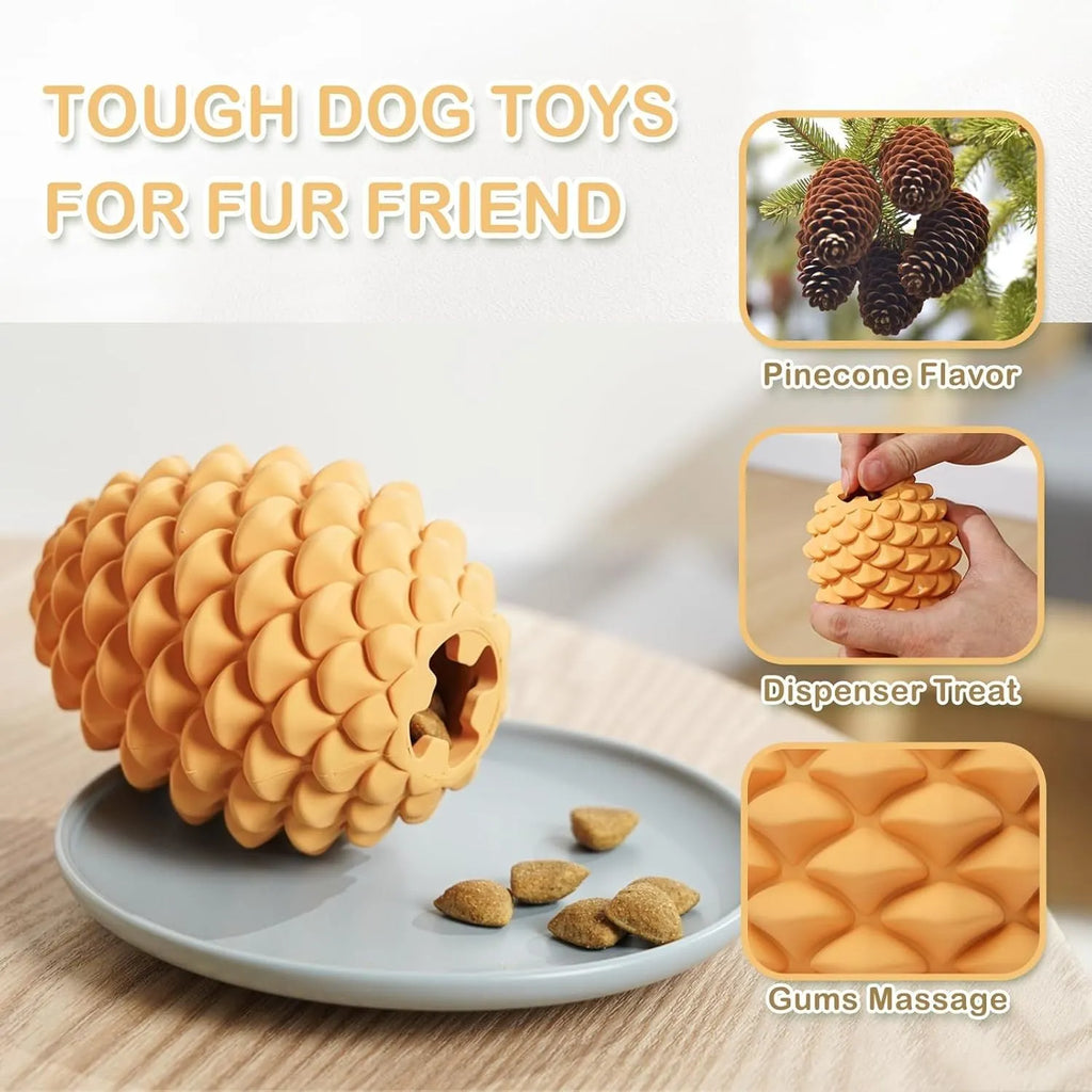 Yellow pine cone shaped indestructible dog chew toy with treat dispenser hole